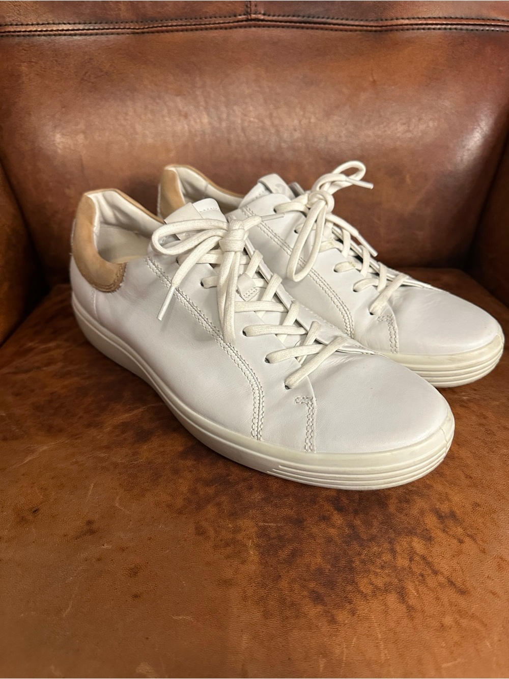 Ecco White Leather Sneakers with Tan Heel Accent